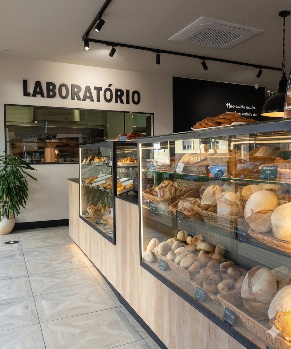 Vitrine com vários pães expostos , ao fundo vemos uma parede com a inscrição "Laboratório"