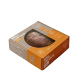 Caixa laranja com janela e com bola de carne por dentro