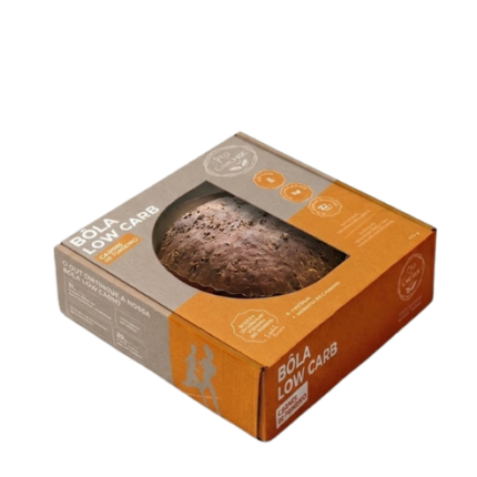 Caixa laranja com janela e com bola de carne por dentro