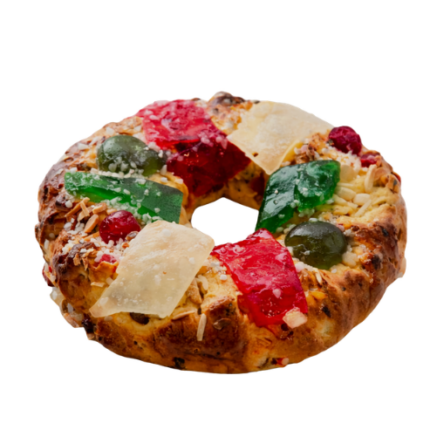 Bolo Rei colorido com frutas cristalizadas coloridas e frutos secos