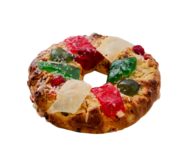Bolo Rei colorido com frutas cristalizadas coloridas e frutos secos