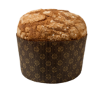 Panettone com crosta de açúcar e com uma forma de papel castanha