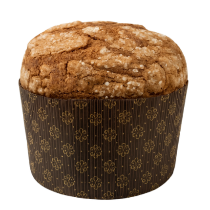 Panettone com crosta de açúcar e com uma forma de papel castanha