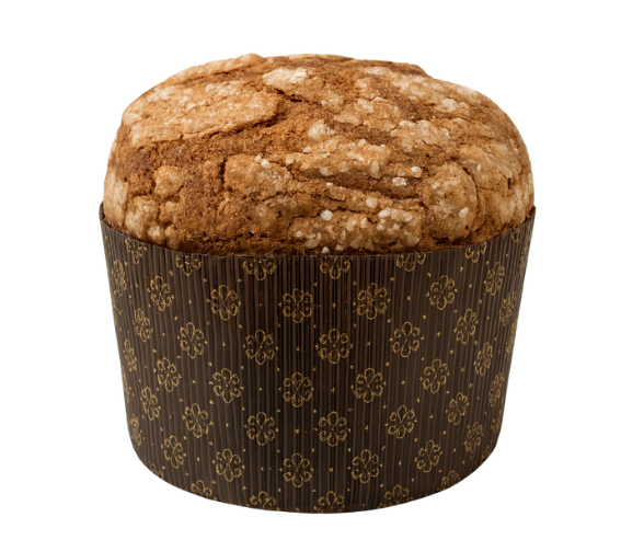 Panettone com crosta de açúcar e com uma forma de papel castanha